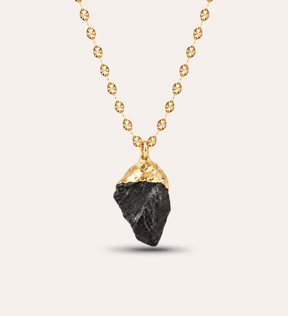 Rizo kristallhalsband med naturlig svart obsidian och guldpläterad kedja