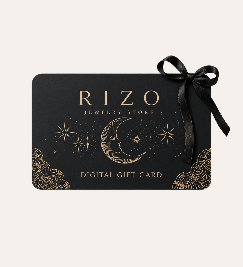 Digitalt presentkort från Rizo i svart och guld med måne och stjärnor, dekorerat med en svart rosett.