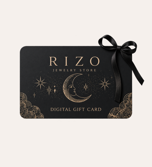 Digitalt presentkort från Rizo i svart och guld med måne och stjärnor, dekorerat med en svart rosett.